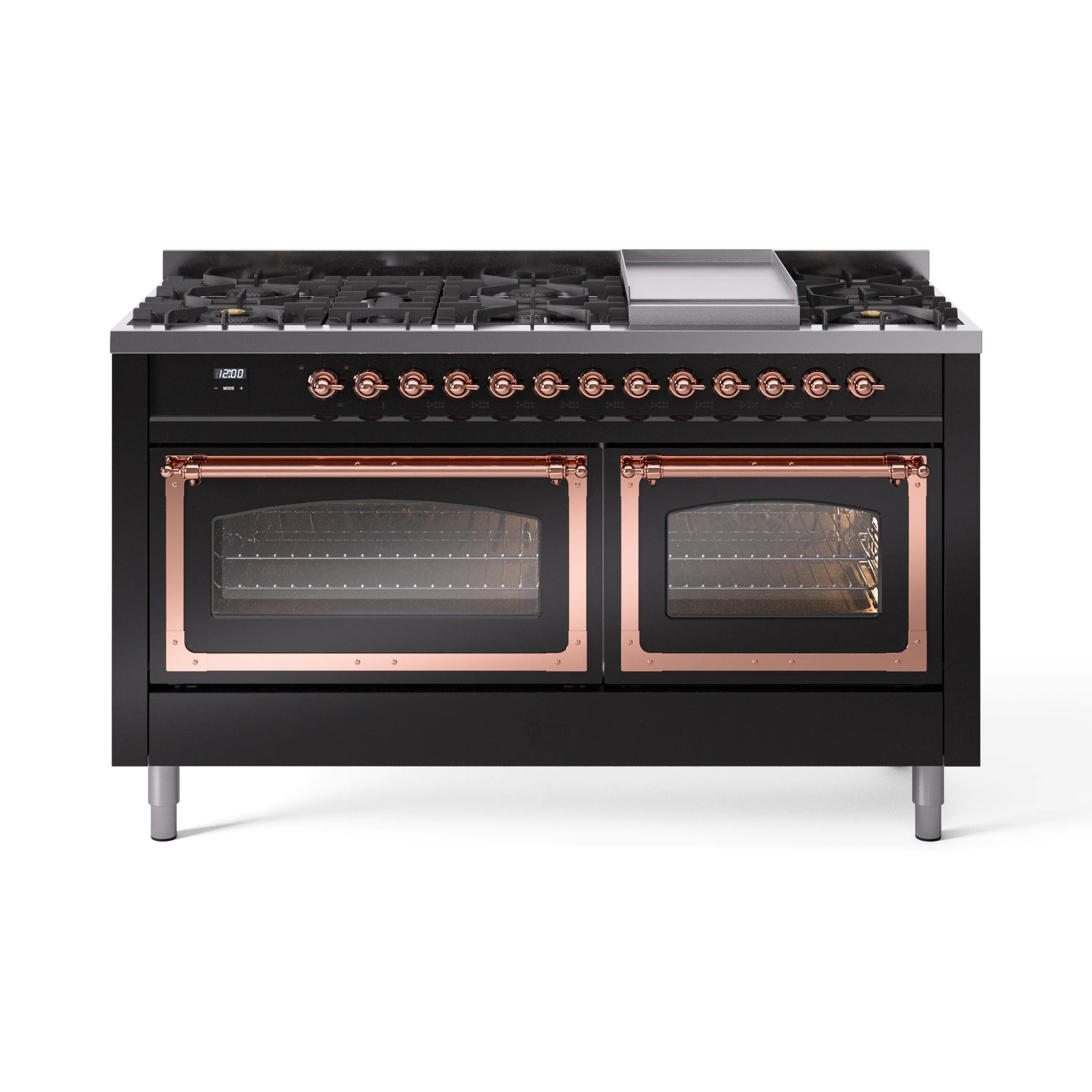 ILVE dual fuel range front view with 9 burners and two glossy oven doors, copper trim
