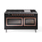 ILVE 60-Inch Nostalgie II Noblesse Dual Fuel Range with 9 Sealed Burners, Griddle, Triple Glass Door Oven in Glossy Black with Copper Trim (UN60FNMPBKP)