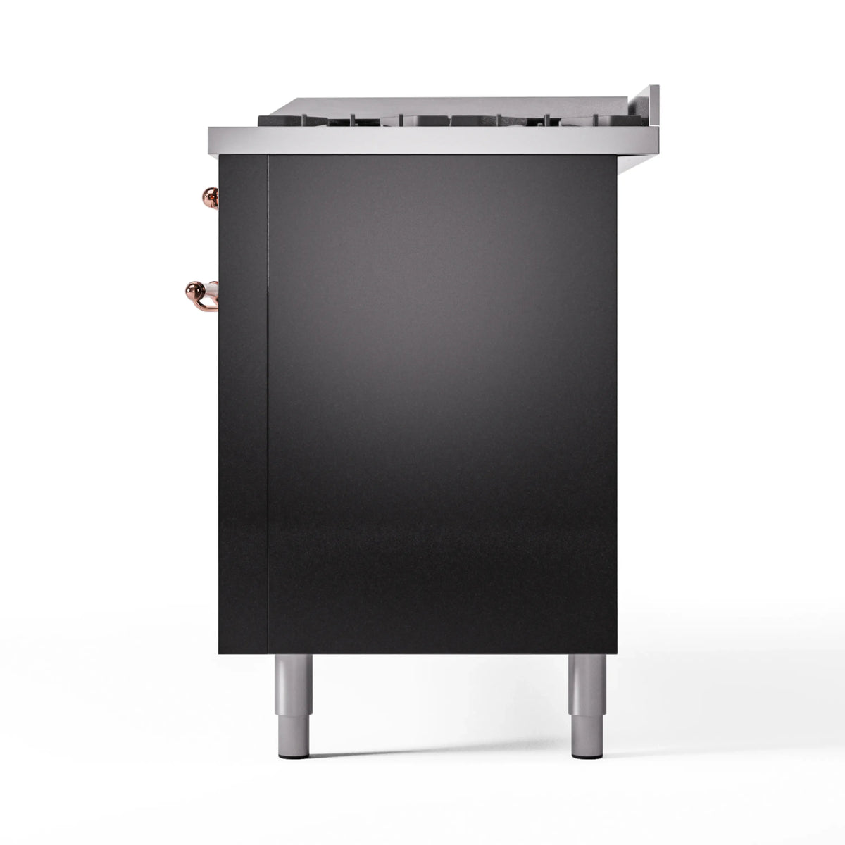 Glossy black rear panel of dual fuel gas range with copper side knob