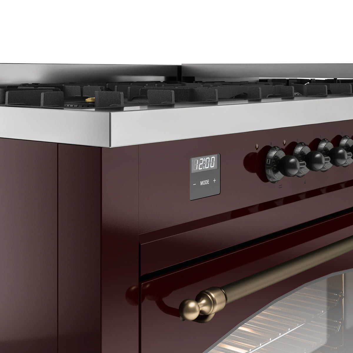 Burgundy range control panel with digital display, knobs, and bronze handle