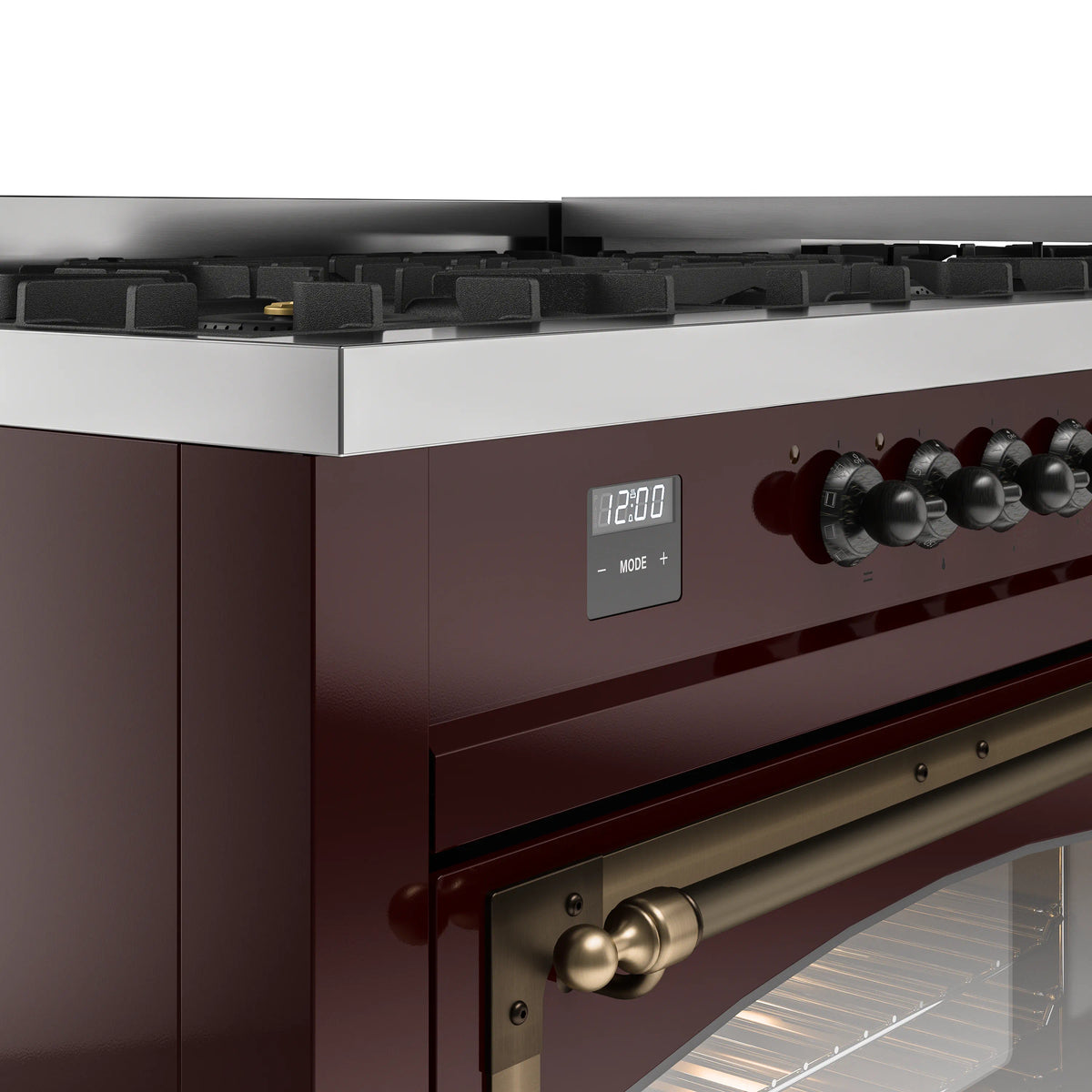 ILVE dual fuel range control panel with digital display and bronze knob row