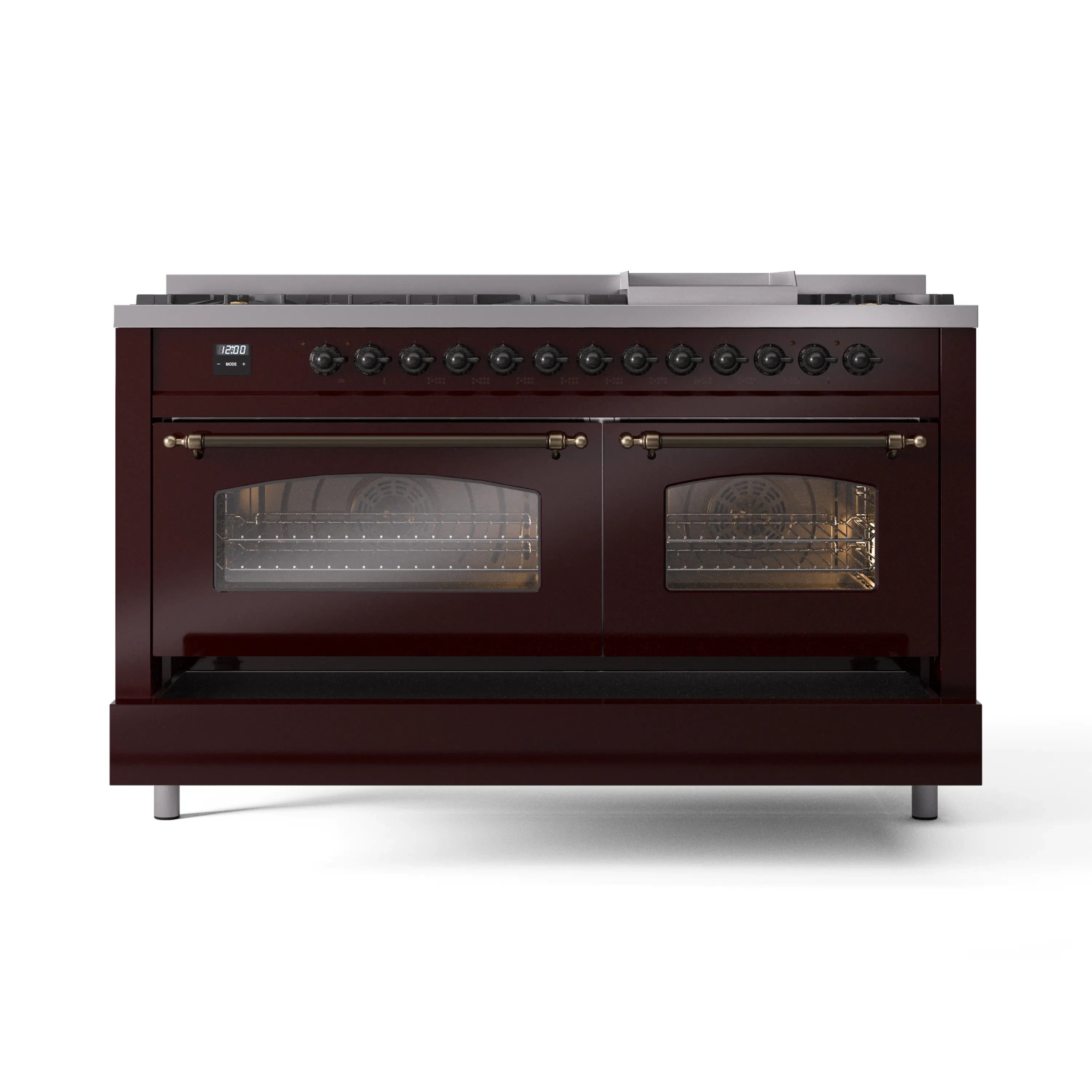 Front view of burgundy dual fuel range with 9 burners and triple glass-door oven