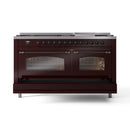 ILVE 60-Inch Nostalgie II Propane Gas Dual Fuel Range with 9 Burners, Griddle and Triple Glass Door Oven in Burgundy with Bronze Trim (UP60FNMPBUBLP)