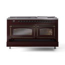 ILVE 60-Inch Nostalgie II Noblesse Propane Gas Dual Fuel Range with 9 Sealed Burners, Griddle, Triple Glass Door Oven in Burgundy with Bronze Trim (UN60FNMPBUBLP)