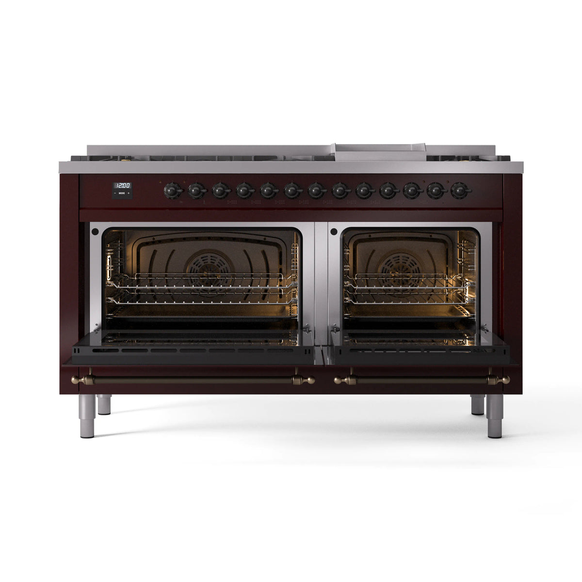 Burgundy dual fuel range with both oven doors open, lit oven interiors