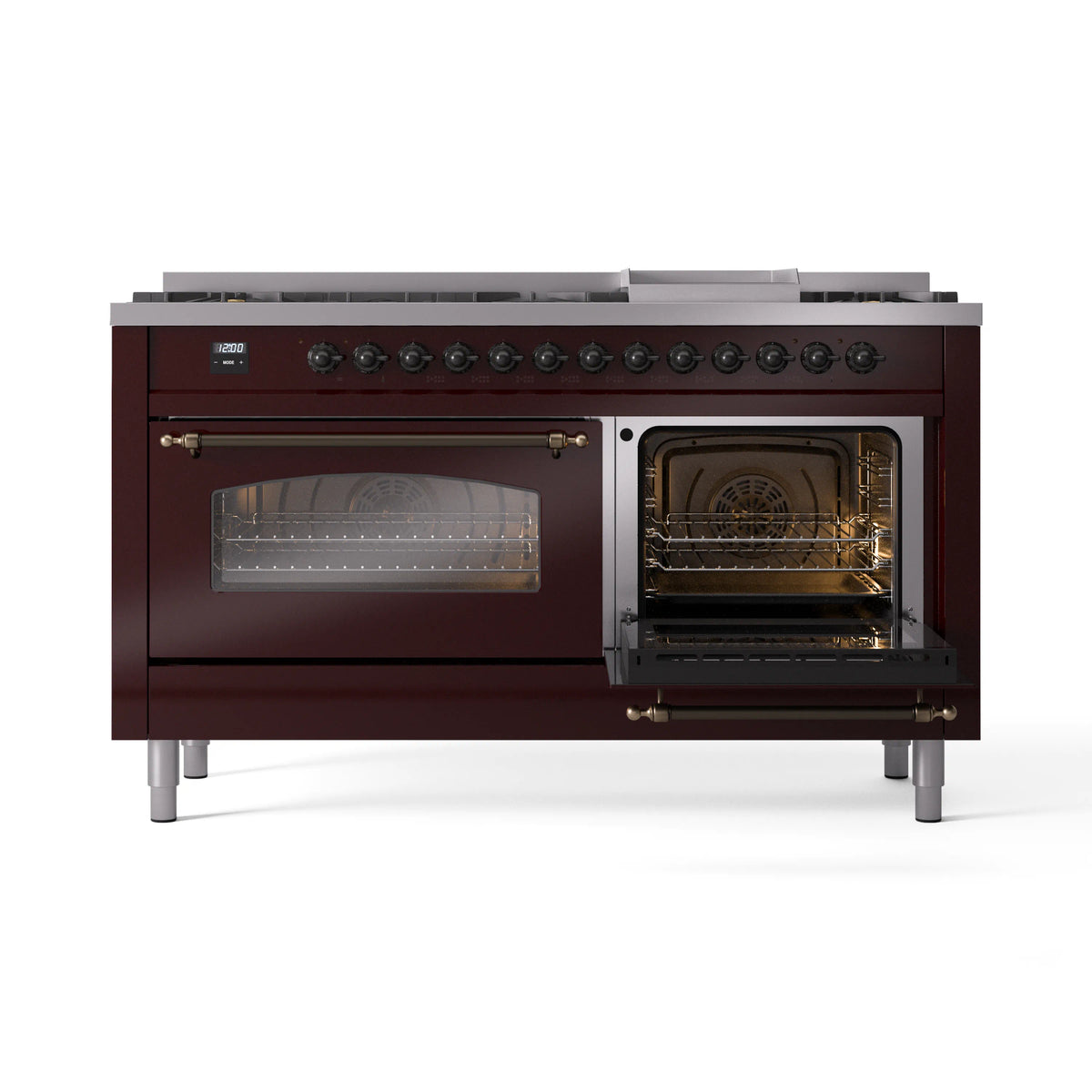 Burgundy dual-fuel range with one oven door open and warm interior light