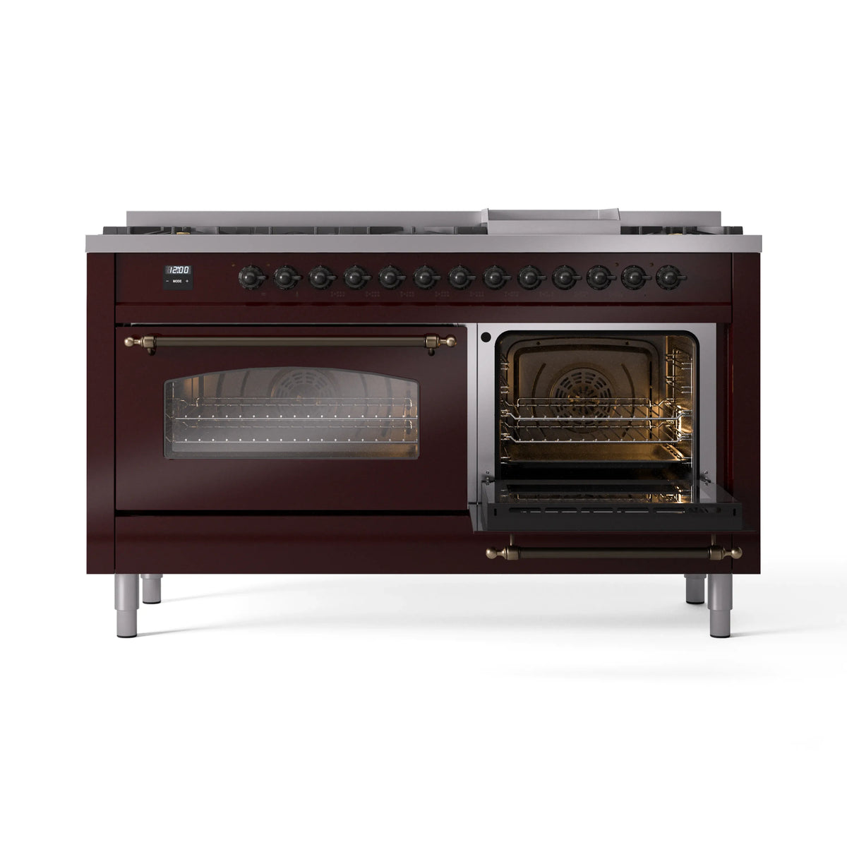 Burgundy dual fuel range with right oven open and left glass door closed
