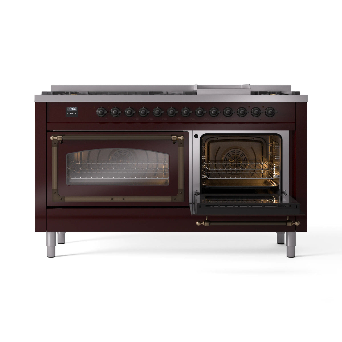 Burgundy dual-fuel range with one oven door open and bronze handles, front view
