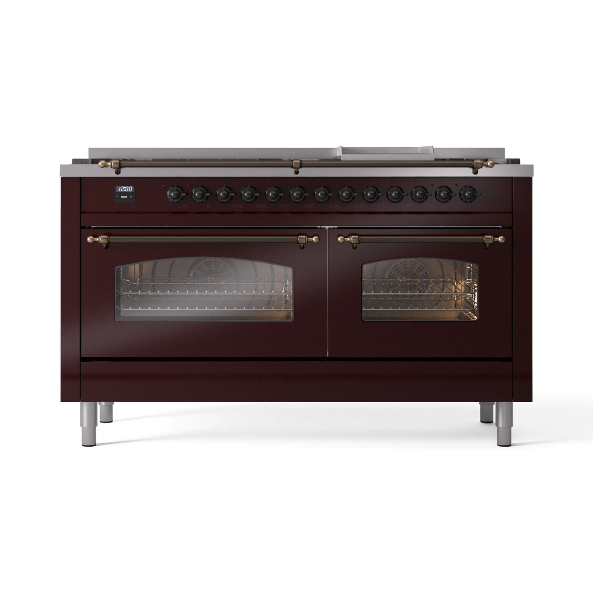 Burgundy dual-fuel range front with two oven windows and bronze bar handles