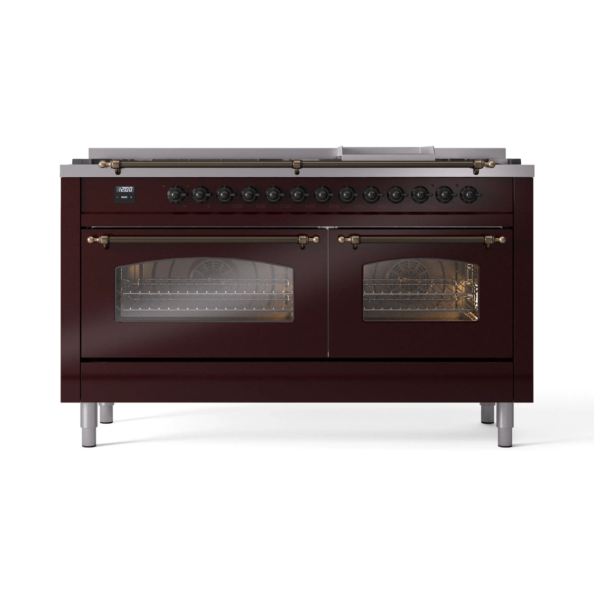 Burgundy dual fuel range front with 9 burners and triple glass doors, bronze trim