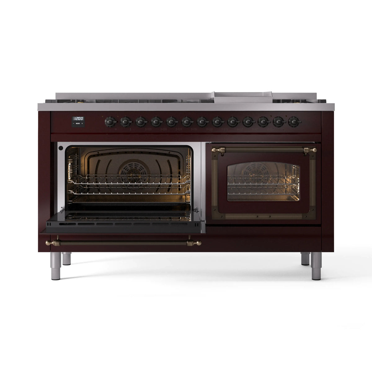 Burgundy dual fuel range with left oven open and right glass door closed