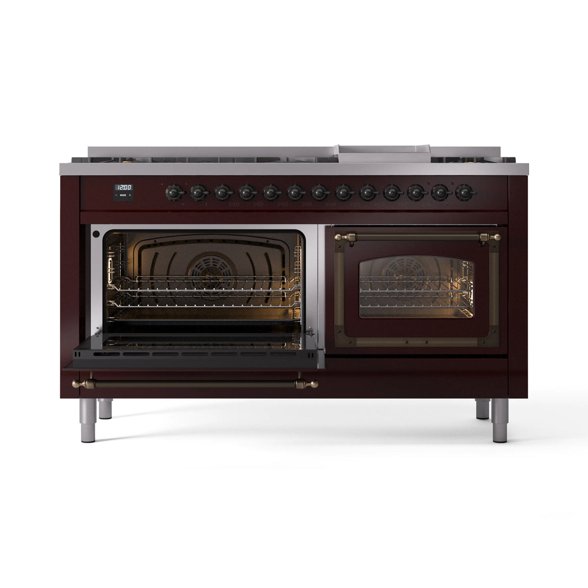 Burgundy dual-fuel range with oven doors open, interior racks visible, bronze details