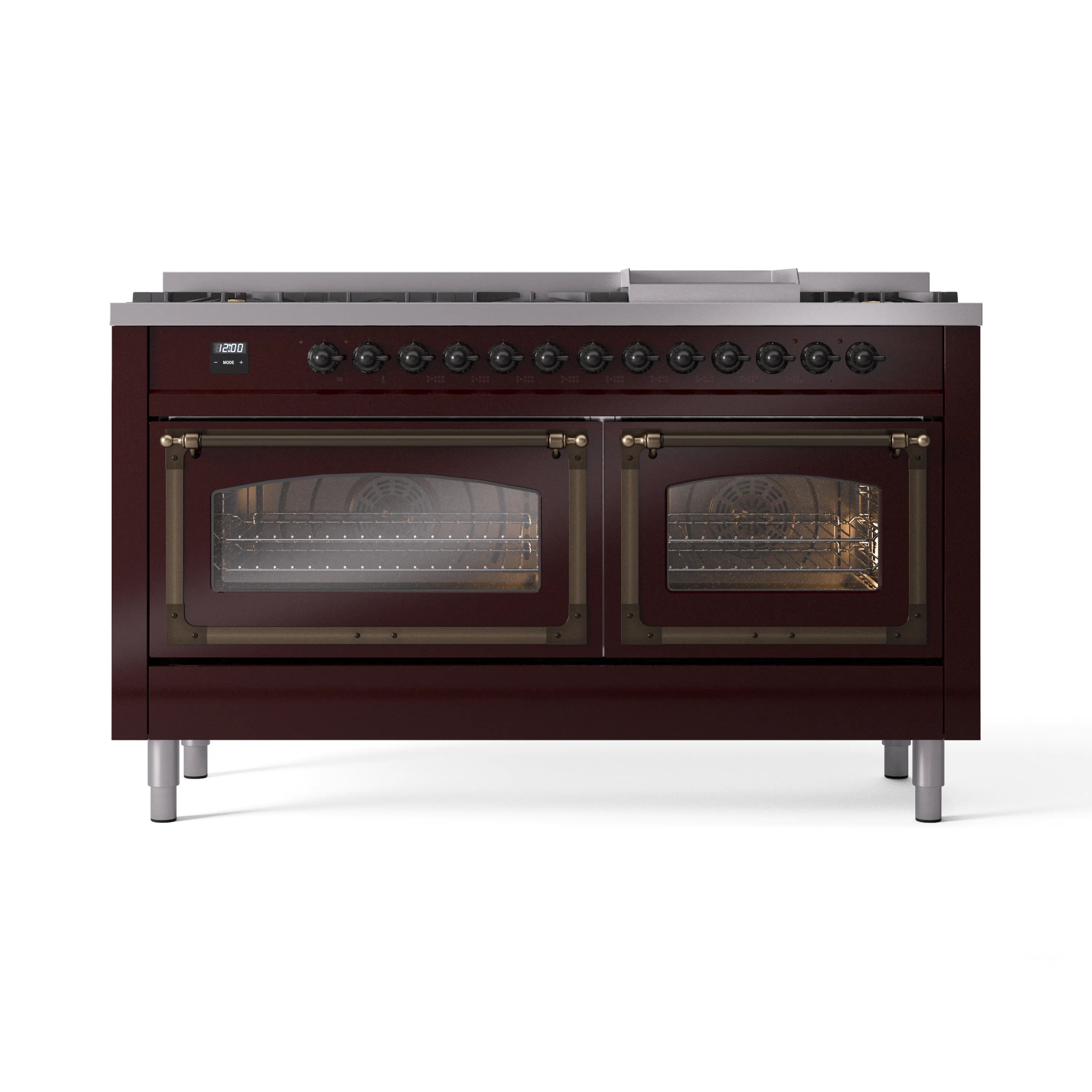 Burgundy dual-fuel range with two closed glass oven doors and bronze trim