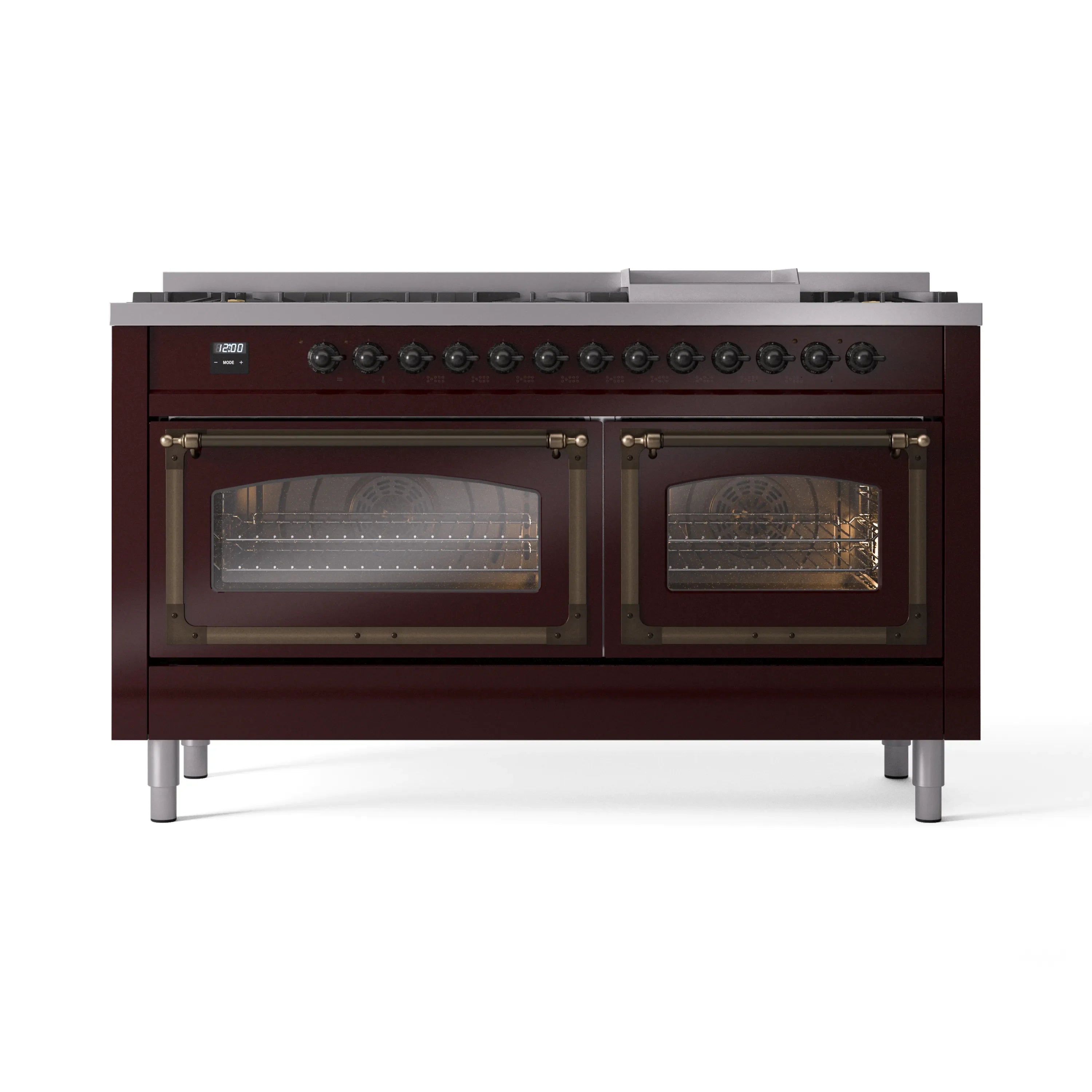 ILVE dual fuel range front view with bronze-trim oven doors and glass windows