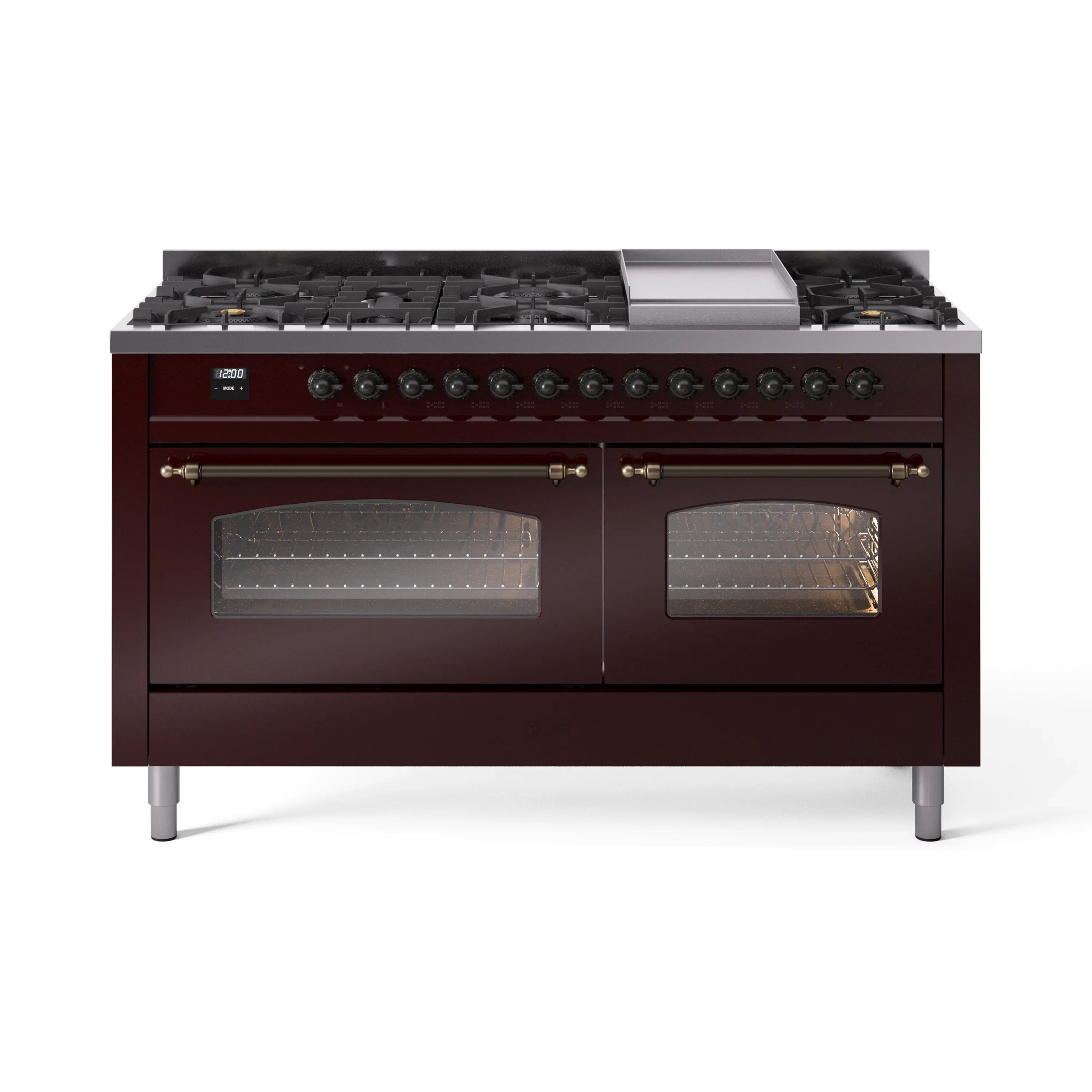 Burgundy dual fuel range with 9 burners, triple glass-door oven, bronze trim