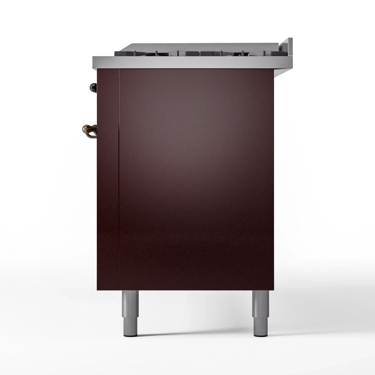 Burgundy dual fuel range side panel with rear detail and silver legs