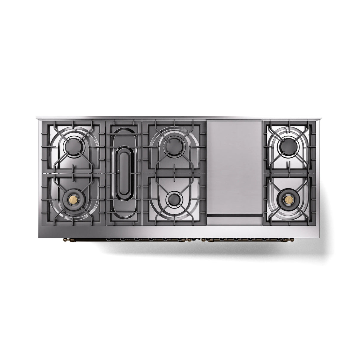 Dual fuel range cooktop with cast burner grates and internal burner layout