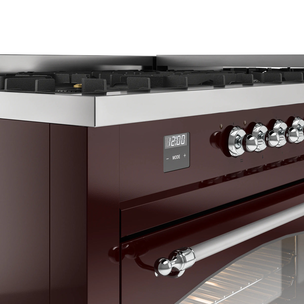 Burgundy range control panel with digital display and chrome control knobs