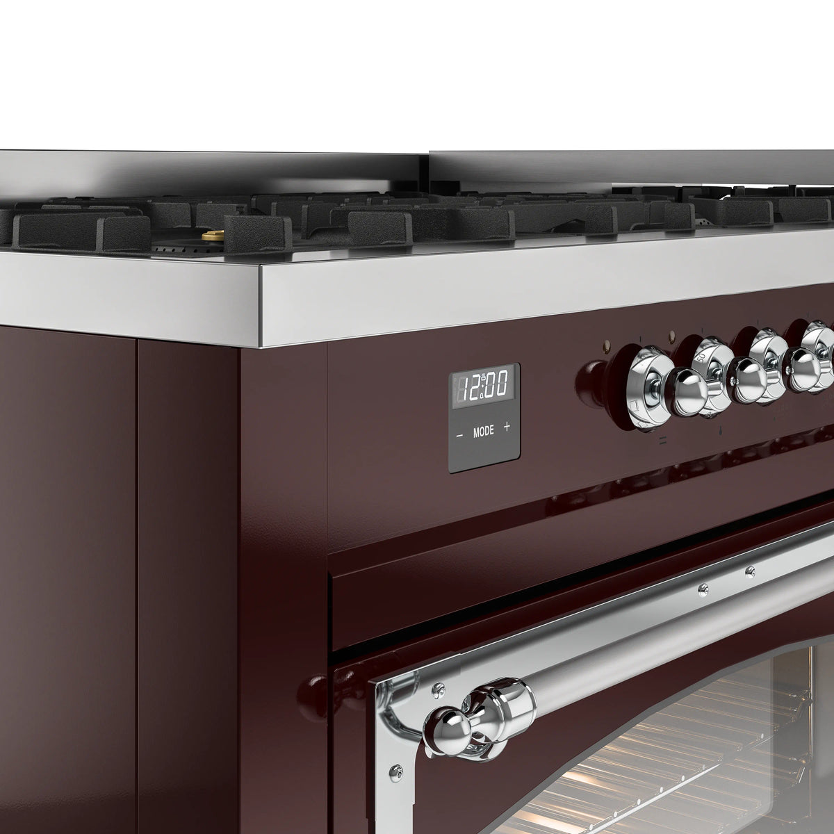 Burgundy dual fuel range control panel with chrome knobs and oven door handle detail