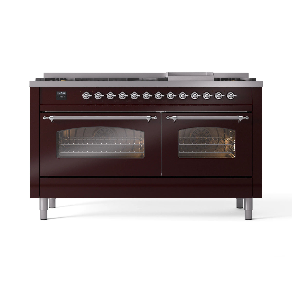 Burgundy dual fuel range front with two oven doors, triple glass windows, and chrome trim