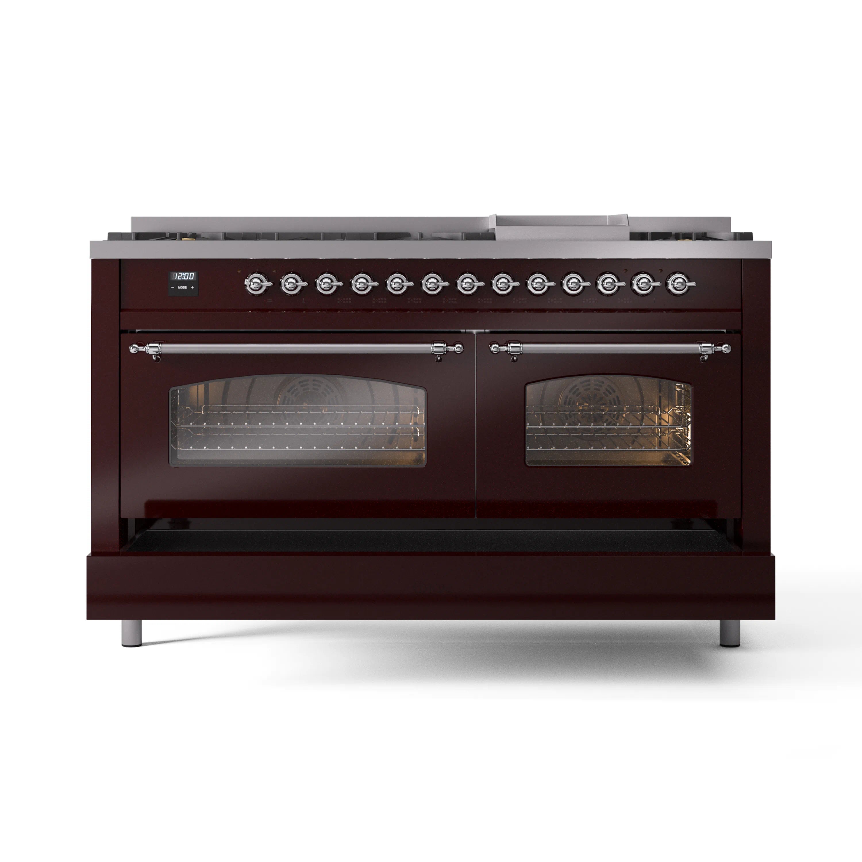 Burgundy dual-fuel range front with chrome control knobs and two glass oven doors