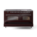 ILVE 60-Inch Nostalgie II Propane Gas Dual Fuel Range with 9 Burners, Griddle and Triple Glass Door Oven in Burgundy with Chrome Trim (UP60FNMPBUCLP)