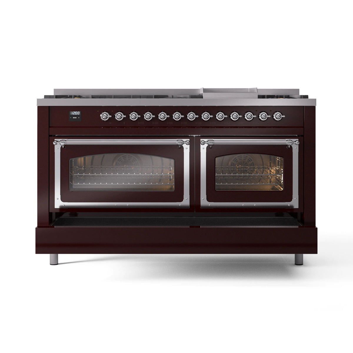 Burgundy dual fuel gas range with two closed ovens and chrome door handles.