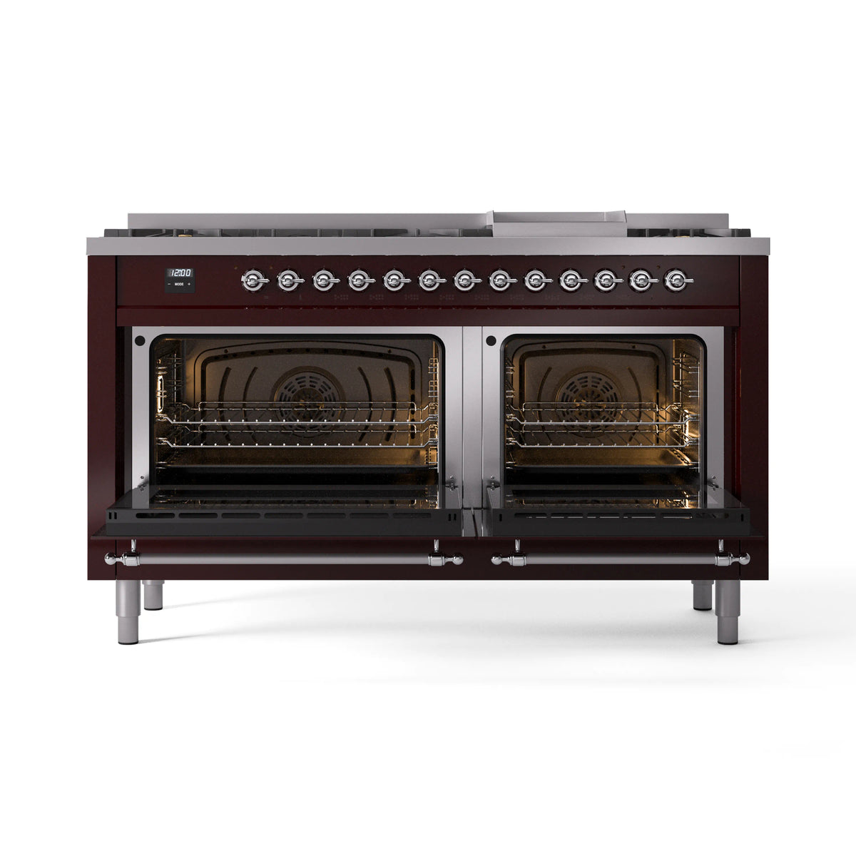 Burgundy dual-fuel range with both oven doors open, showing racks and back burners