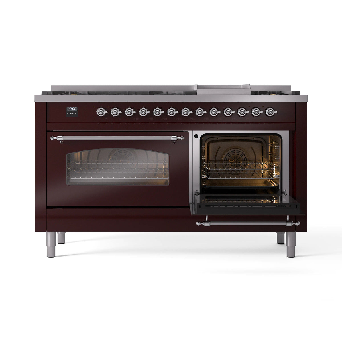 Burgundy dual-fuel range with left and right oven doors open, showing racks and burners