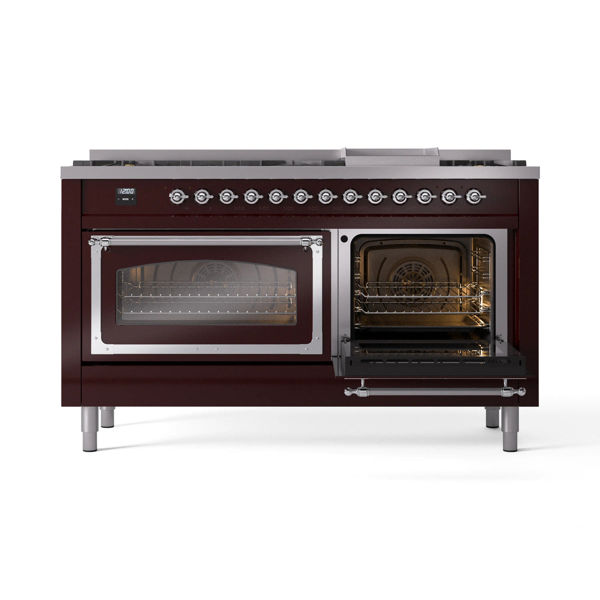 Burgundy dual fuel range with left oven window and right oven door open, front view