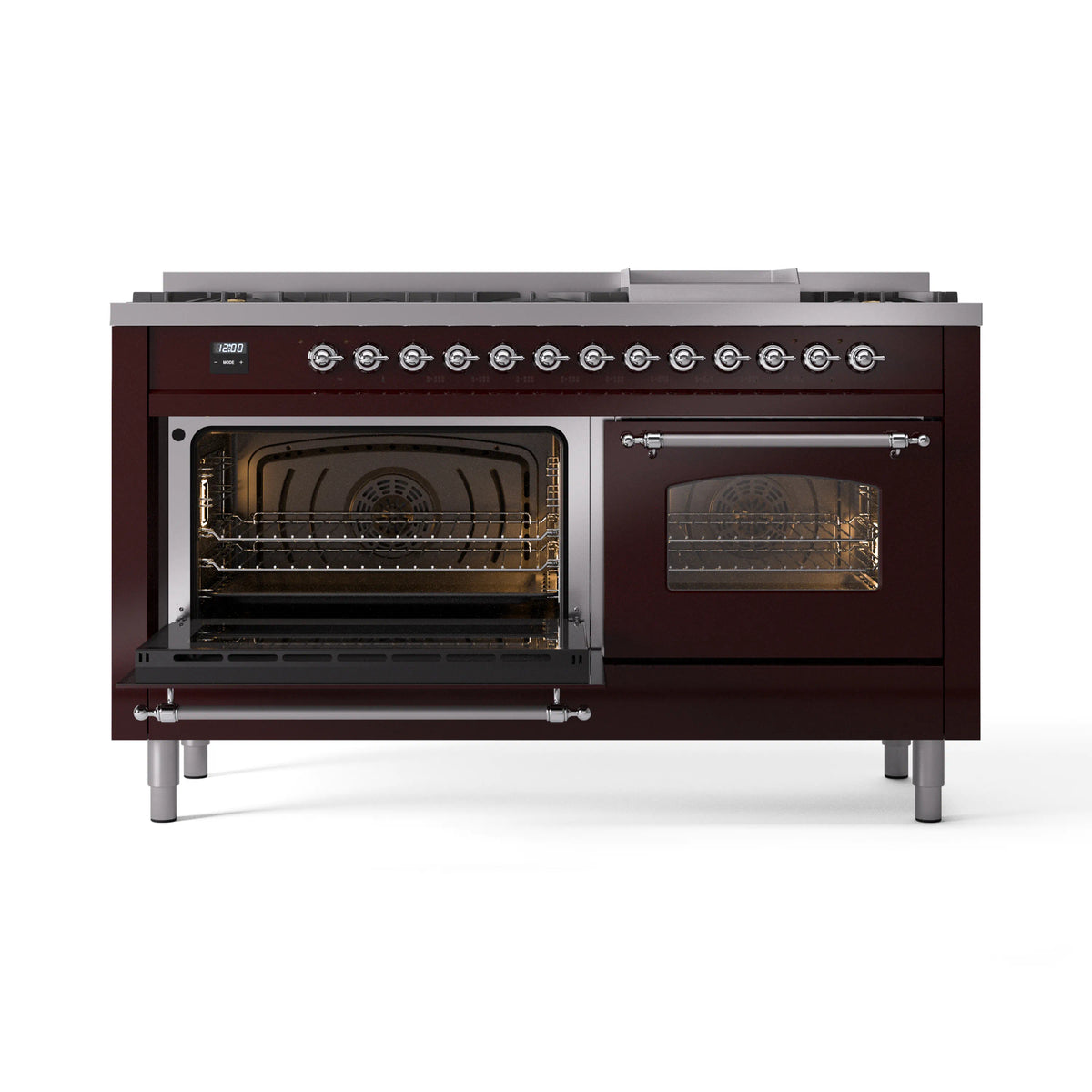 Burgundy range with oven doors open, showing glowing heating elements inside