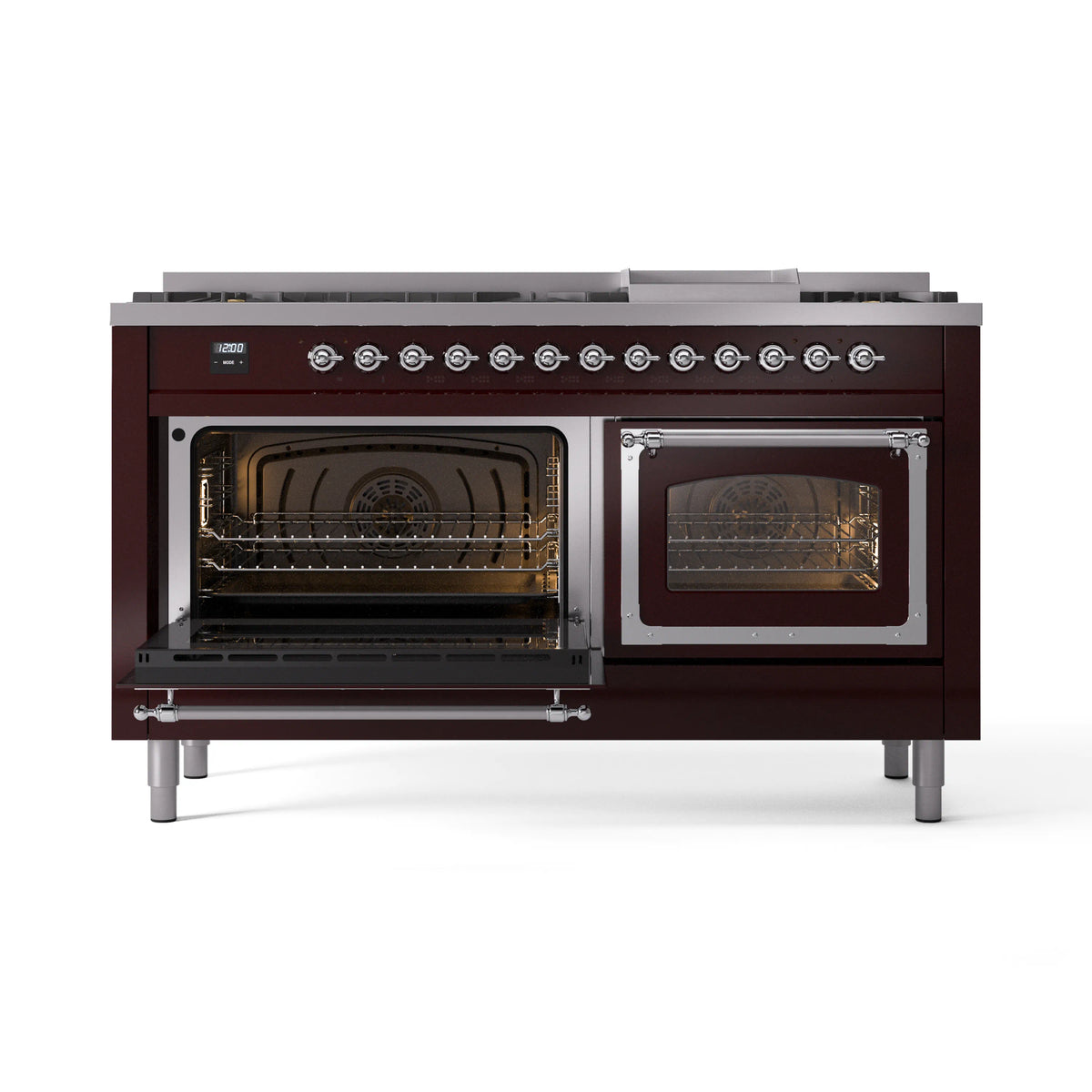 Burgundy dual fuel range with both ovens open, showing interior racks and broiler area