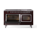 ILVE 60-Inch Nostalgie II Noblesse Propane Gas Dual Fuel Range with 9 Sealed Burners, Griddle, Triple Glass Door Oven in Burgundy with Chrome Trim (UN60FNMPBUCLP)
