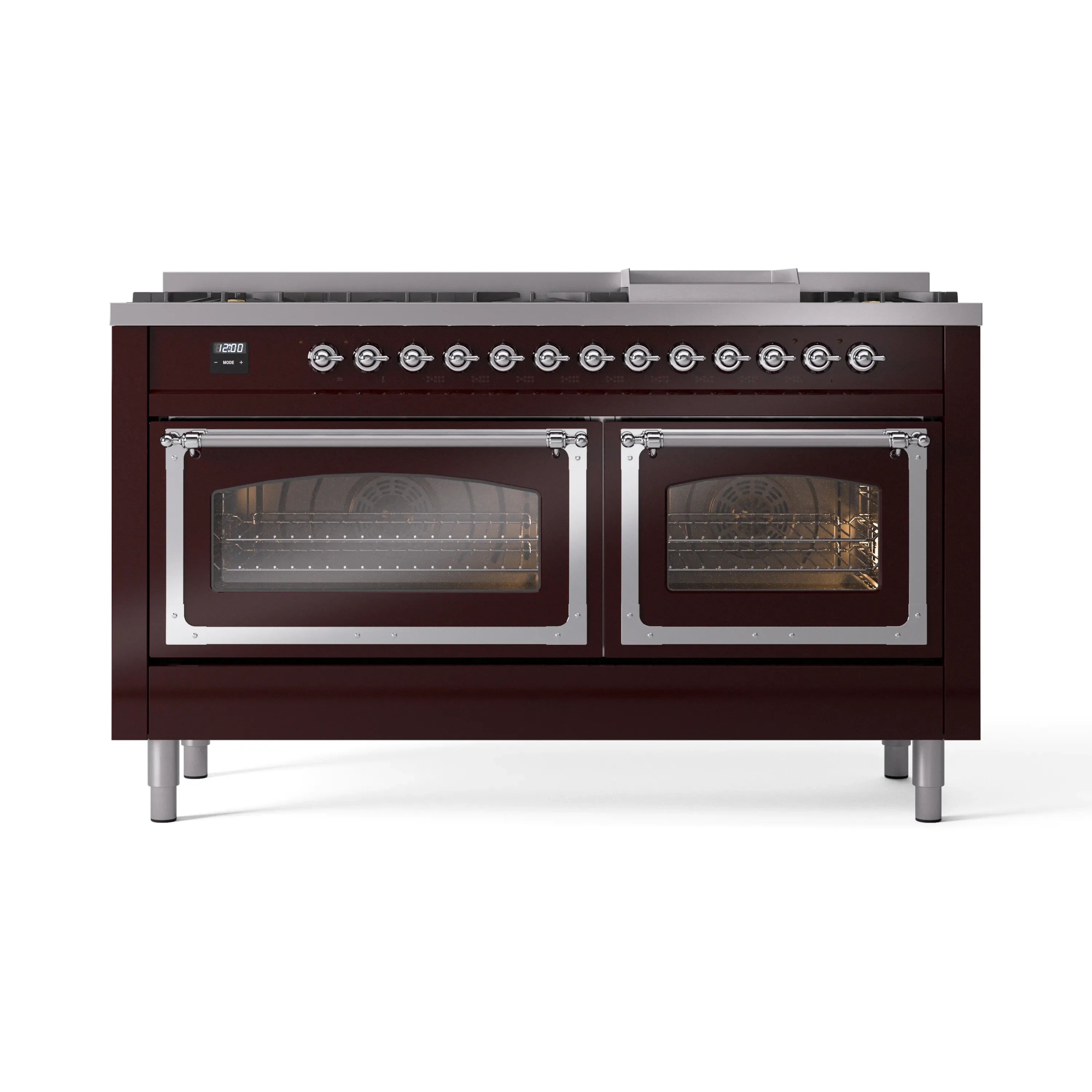 Burgundy dual fuel gas range with two glass ovens and chrome control knobs.