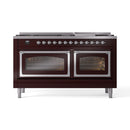ILVE 60-Inch Nostalgie II Noblesse Propane Gas Dual Fuel Range with 9 Sealed Burners, Griddle, Triple Glass Door Oven in Burgundy with Chrome Trim (UN60FNMPBUCLP)