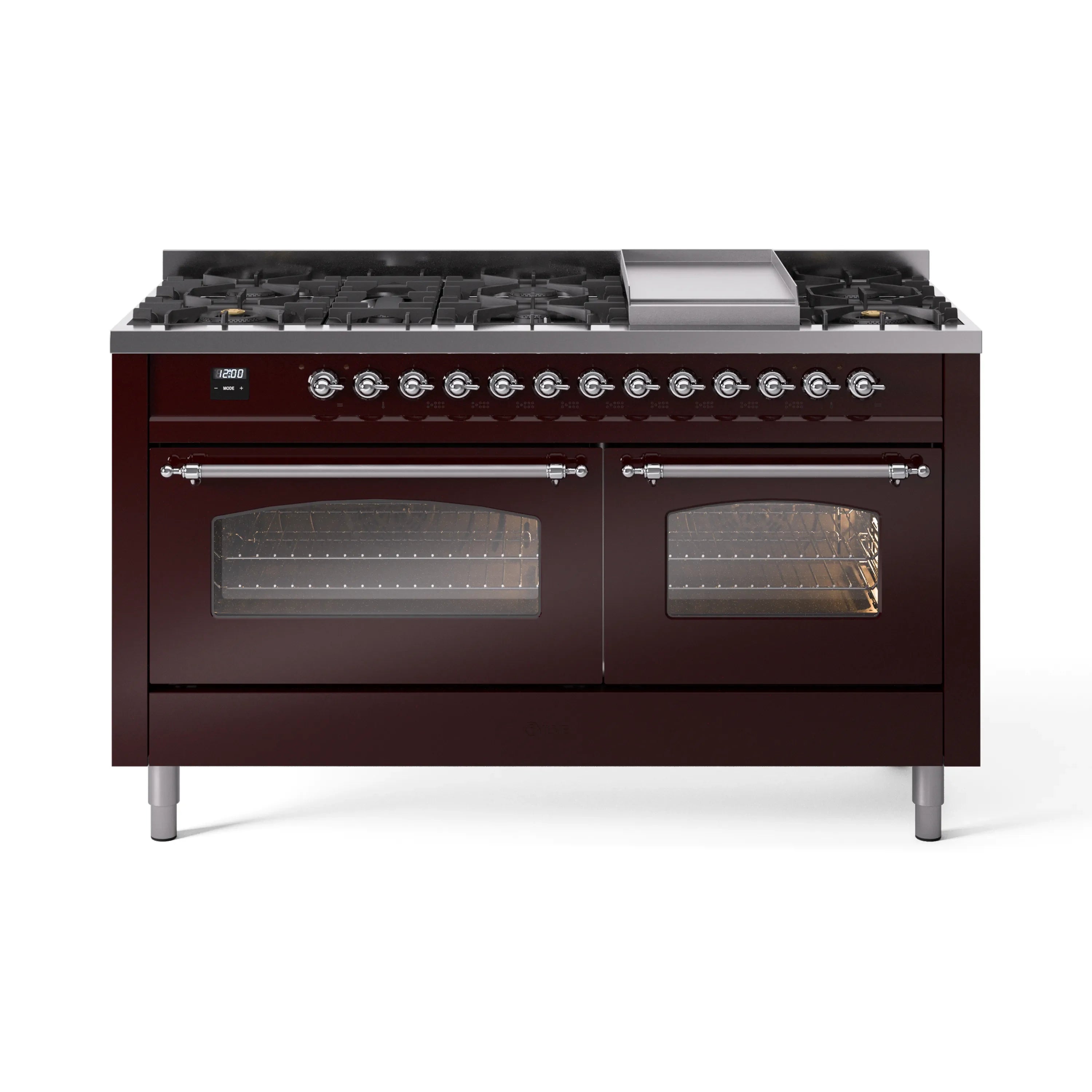 Burgundy dual-fuel range with chrome-trim burners, griddle, and two glass oven doors