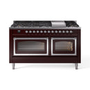 ILVE 60-Inch Nostalgie II Noblesse Propane Gas Dual Fuel Range with 9 Sealed Burners, Griddle, Triple Glass Door Oven in Burgundy with Chrome Trim (UN60FNMPBUCLP)