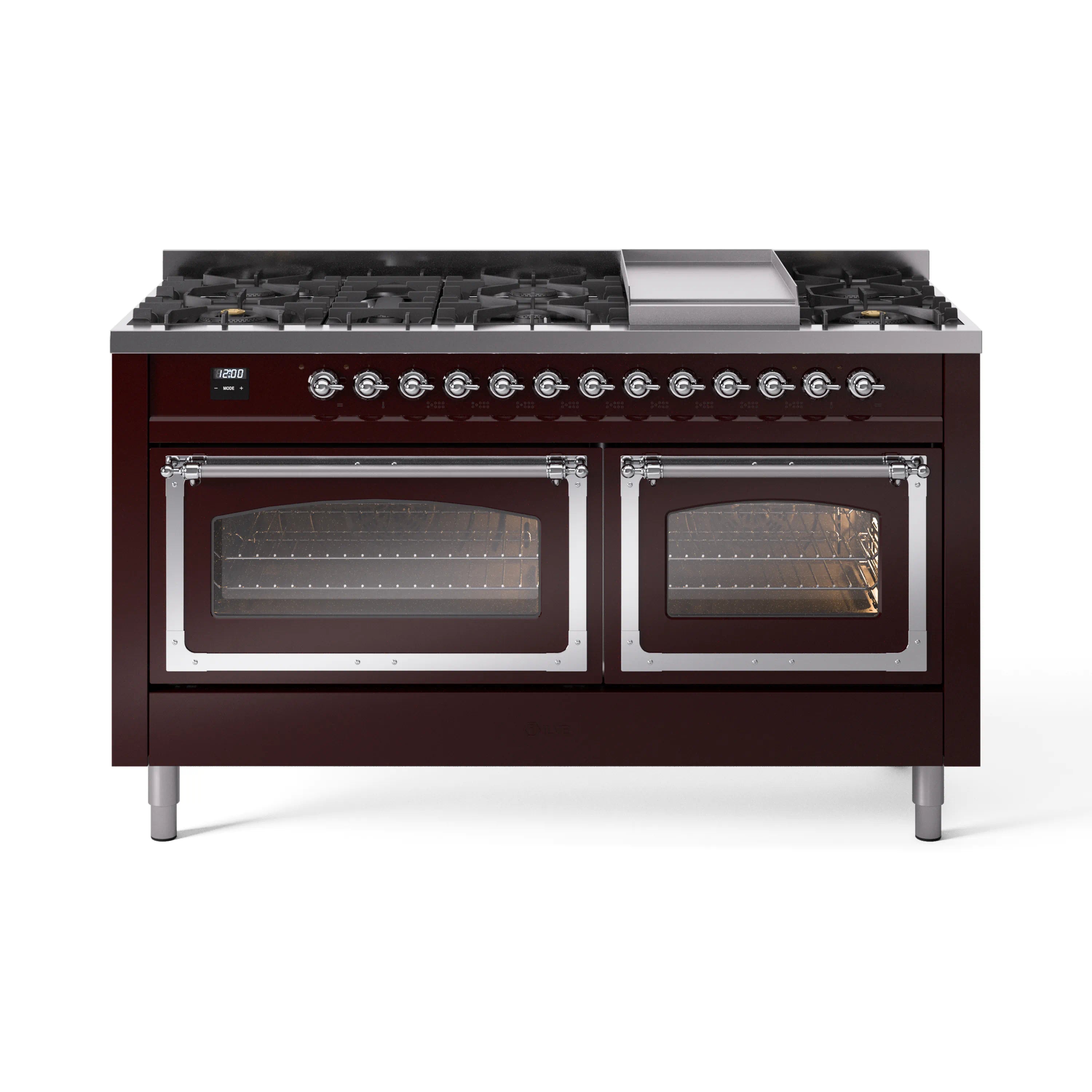 Burgundy dual fuel gas range with chrome trim, dual ovens, and control knobs.