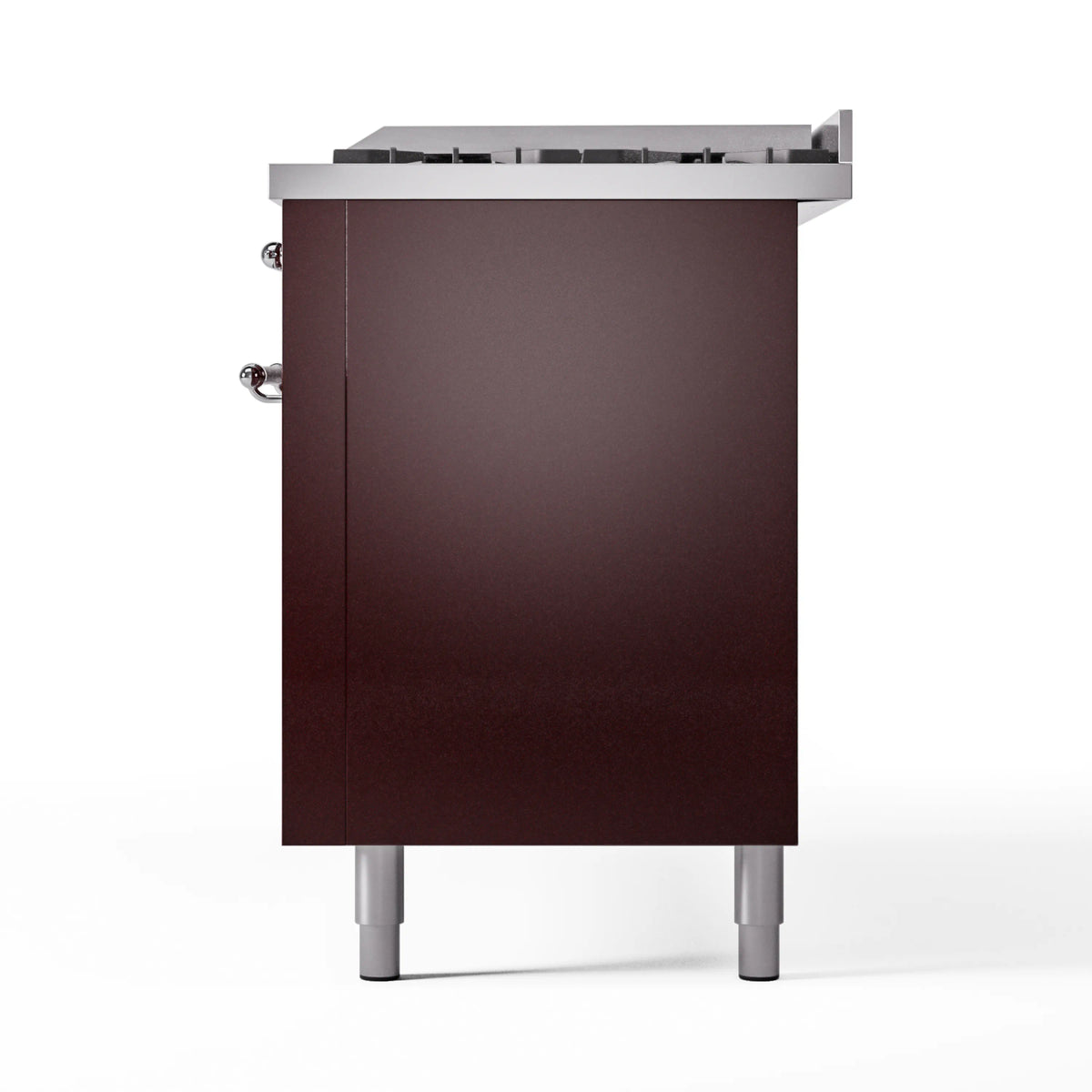 Burgundy dual fuel range side view with chrome control knob and stainless legs