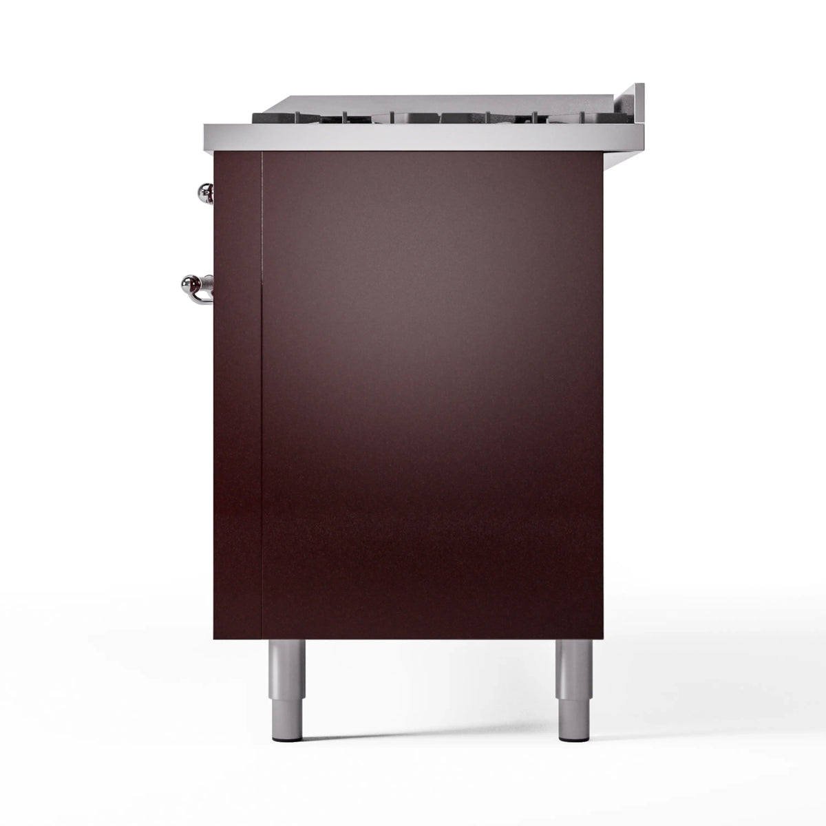 Burgundy back panel of a dual-fuel range with chrome control knob and feet