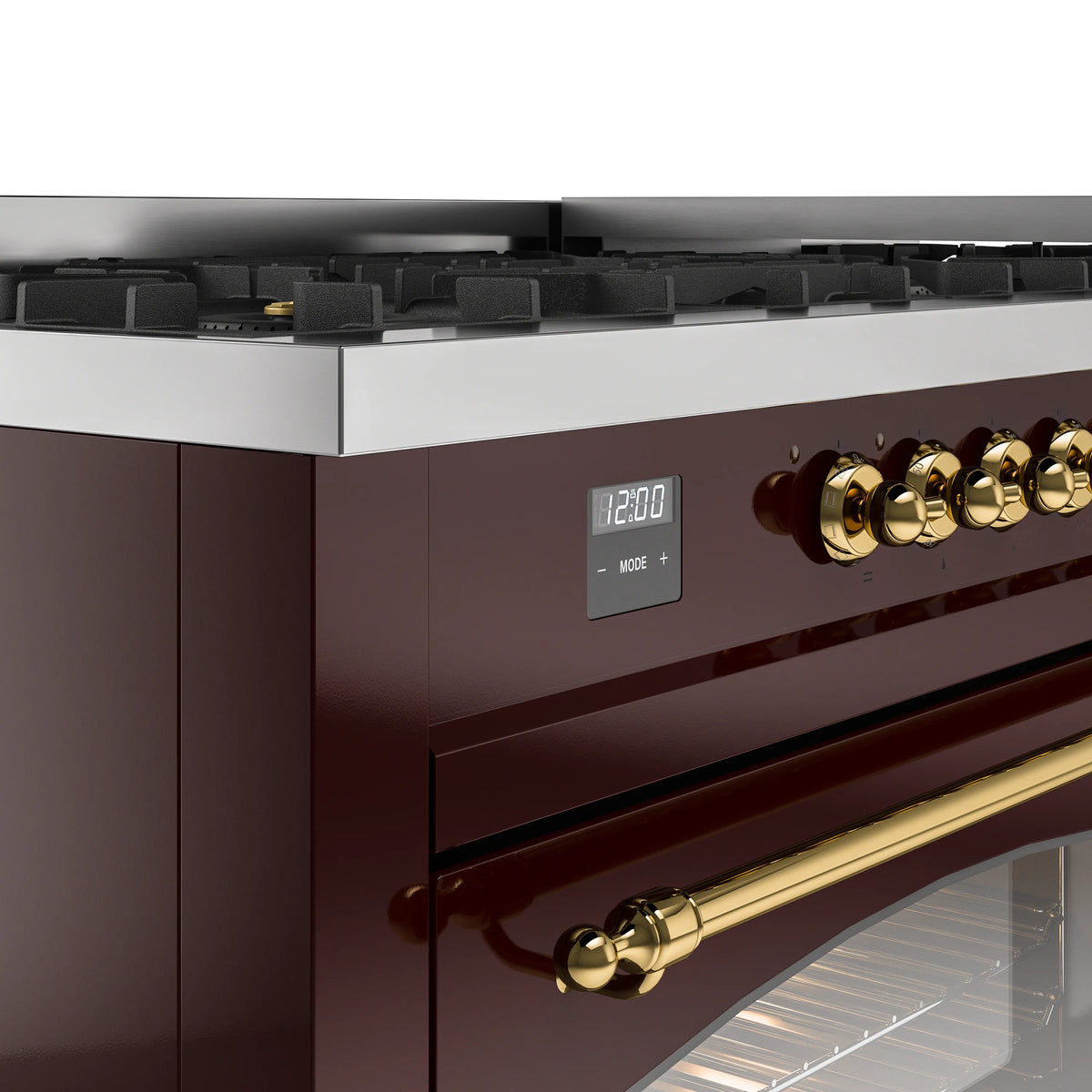 Burgundy control panel with brass knobs and digital display above an oven door