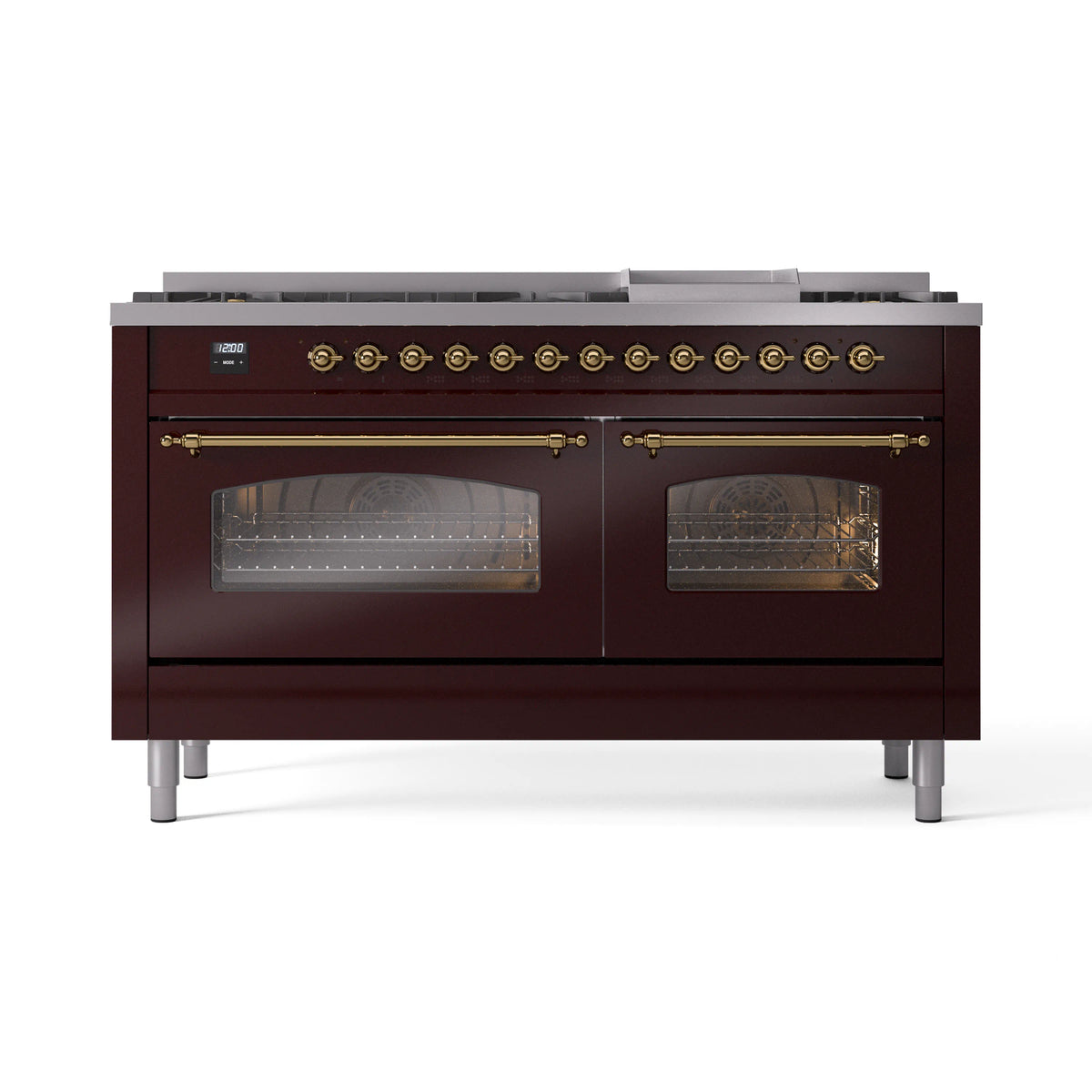 Burgundy dual fuel range with brass handles and two glass oven doors, front view
