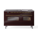 ILVE 60-Inch Nostalgie II Propane Gas Dual Fuel Range with 9 Burners, Griddle and Triple Glass Door Oven in Burgundy with Brass Trim (UP60FNMPBUGLP)