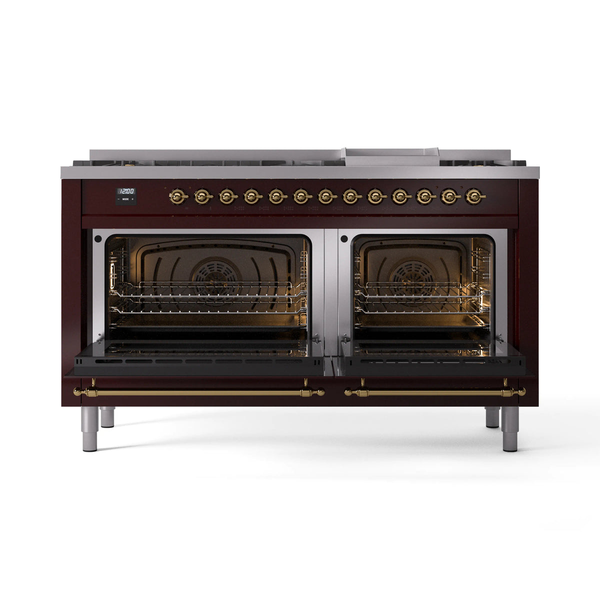 Burgundy dual fuel range with two open ovens and backlit interior, brass trim
