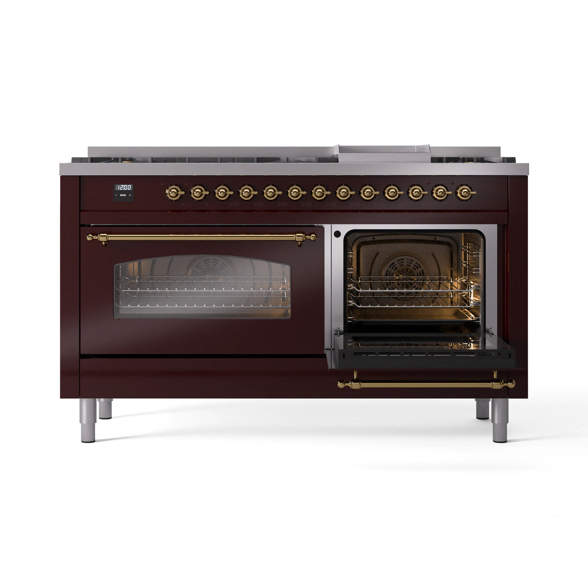 Burgundy dual fuel range with brass-trimmed handles and one oven door open