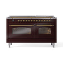 ILVE 60-Inch Nostalgie II Natural Gas Dual Fuel Range with 9 Burners, Griddle and Triple Glass Door Oven in Burgundy with Brass Trim (UP60FNMPBUG)