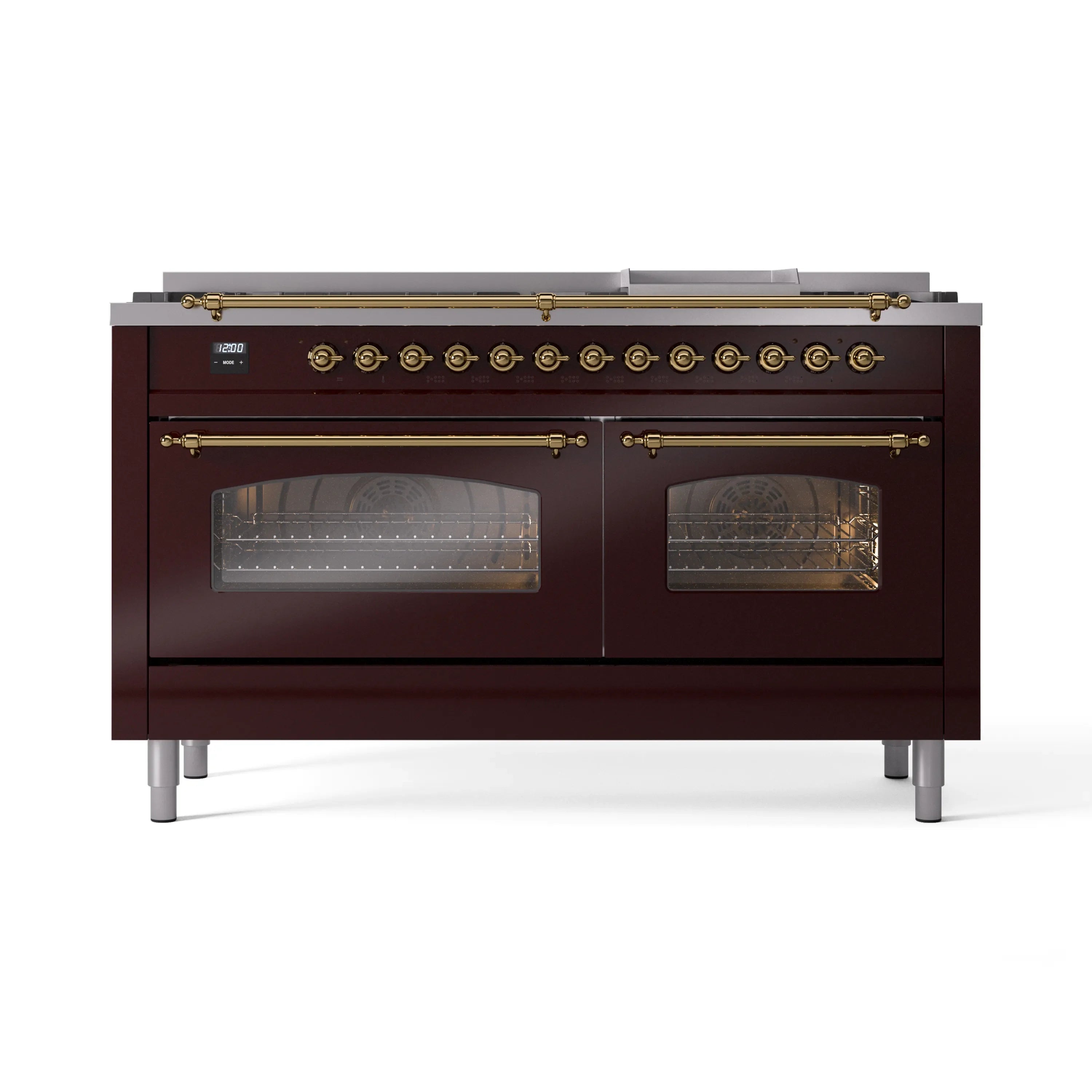 Burgundy dual fuel range with brass knobs and two glass oven doors, front view