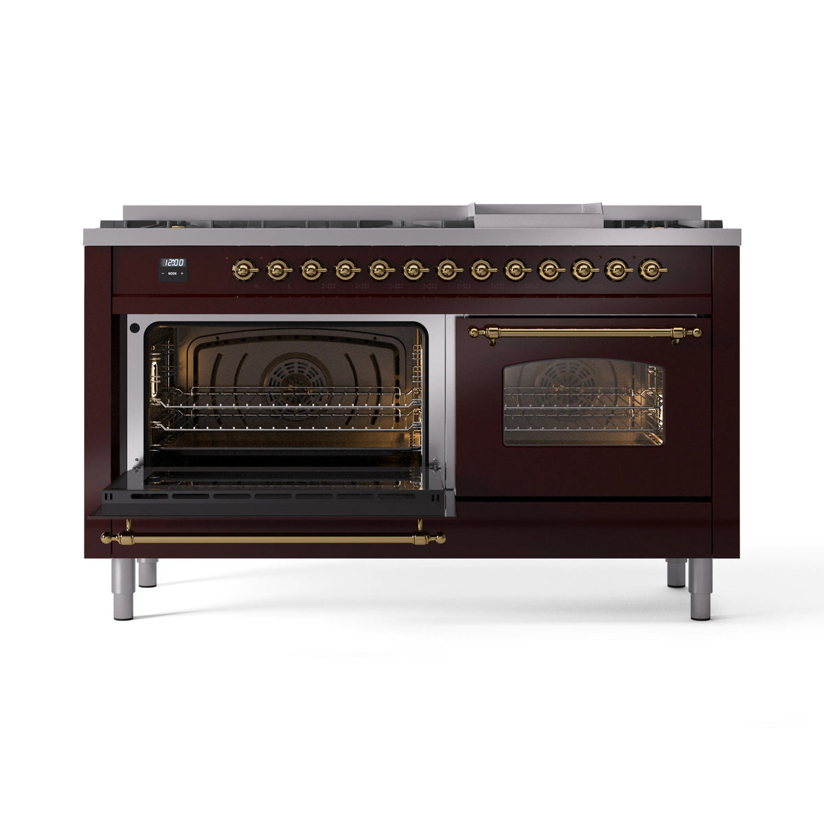 Burgundy range with oven door open and visible interior racks and burner elements