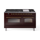 ILVE 60-Inch Nostalgie II Propane Gas Dual Fuel Range with 9 Burners, Griddle and Triple Glass Door Oven in Burgundy with Brass Trim (UP60FNMPBUGLP)