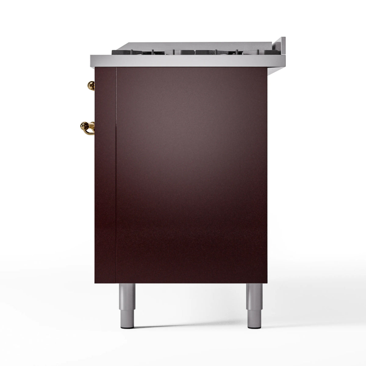 Burgundy range cabinet with brass side handle details and four corner legs